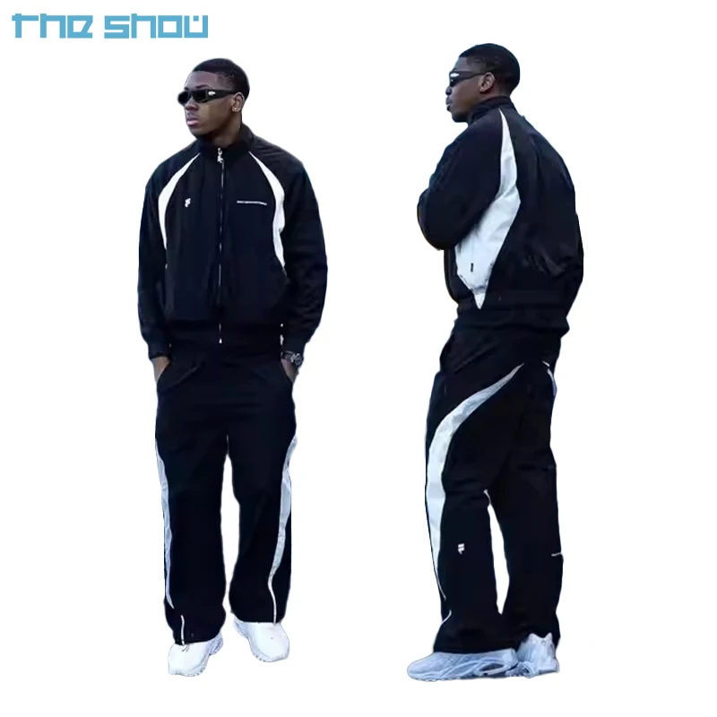 Men Polyester Jogger Sets Two Piece Set Patchwork Zip Up Puff Track Nylon Jacket And Track Pants Custom Nylon Tracksuit Men