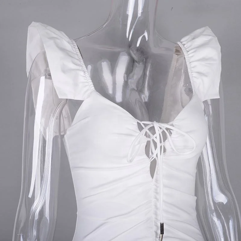 Wholesale 2019 Summer Dress Women Butterfly Sleeve Deep V-neck Cut Out Lace Up Ruched Sexy Dress Mini Elastic Bodycon Dress