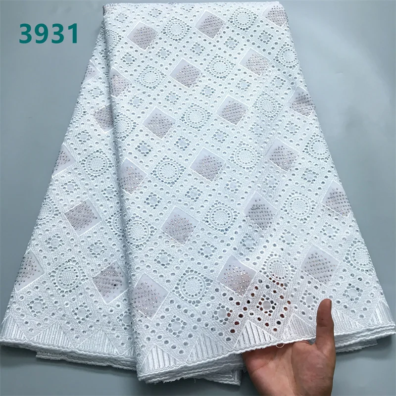 Luxury Pure Color African Cotton Lace Fabric with Crystals 2024 High Quality Swiss Voile Lace Fabric for Wedding Dresses 3931