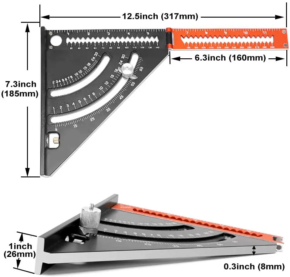 6 Inch Folding Triangle Ruler, Multi-angle Measurement Aluminium Alloy Multifunctional Woodworking Tools Speed Square