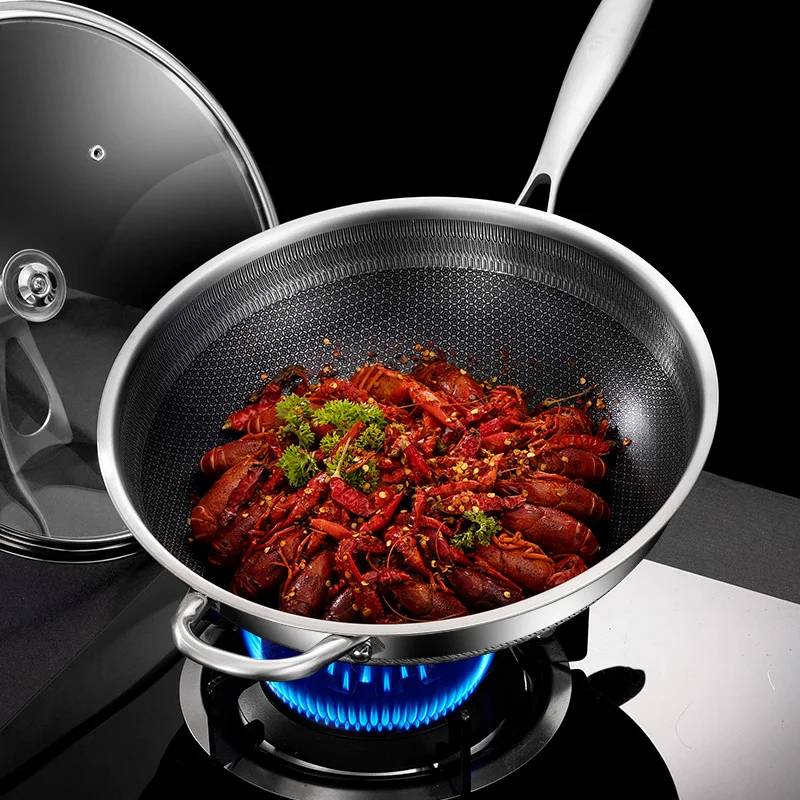 Hot Selling Double-sided honeycomb 316 Stainless Steel Frying Pan triple-layer Steel Uncoated Non-stick wok