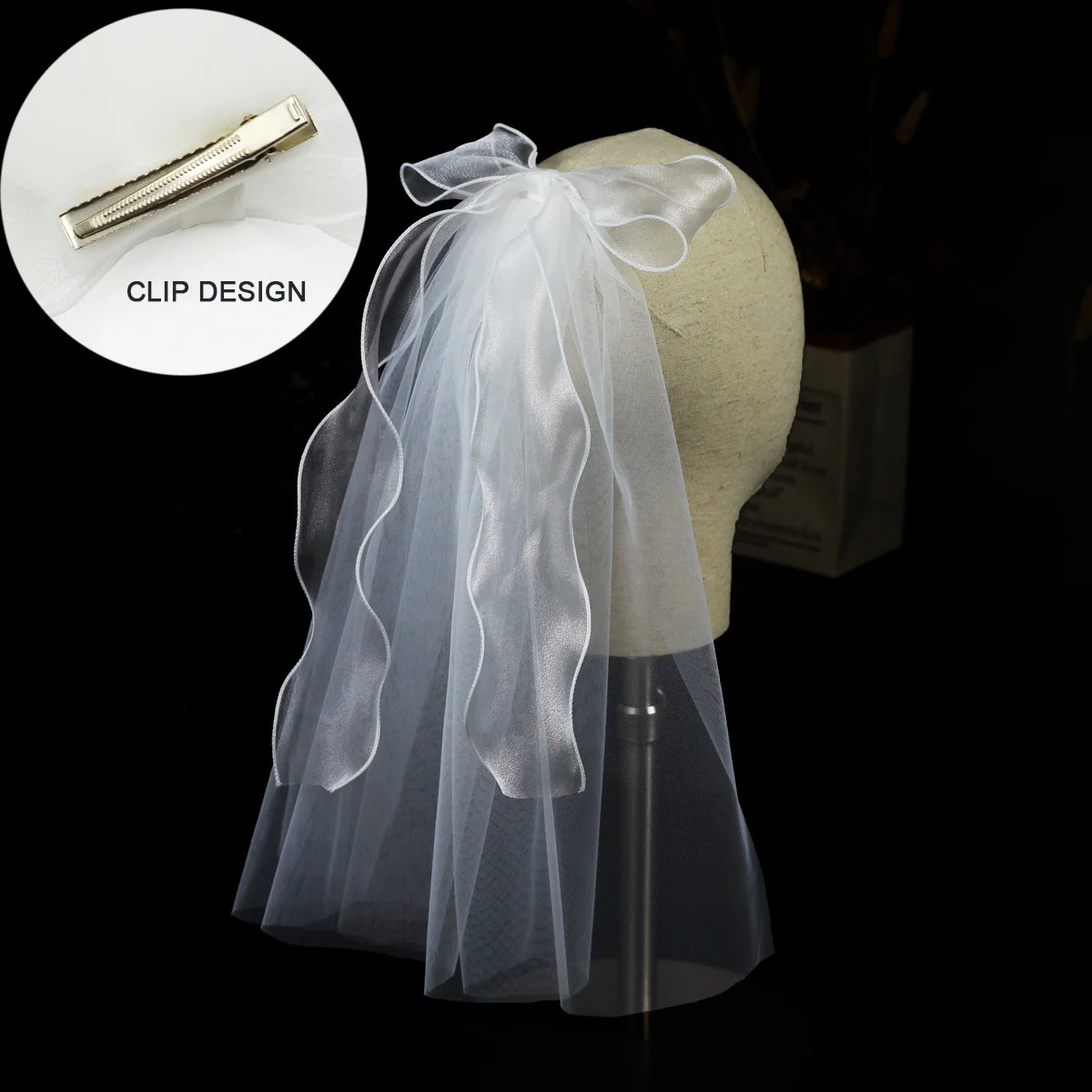 Fashion Wedding Veil Pearl Bow Hair Accessories Short Soft Tulle One-Layer Ribbon Bowknot Decoration