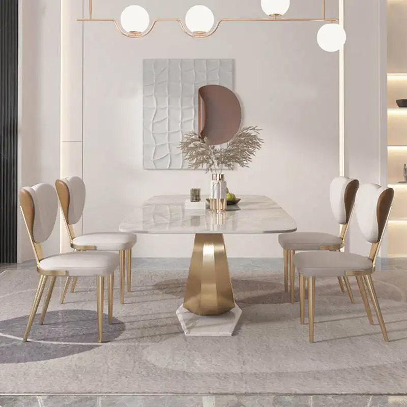 Luxury 5 Stars Hotel Furniture Modern Marble Table Top Home Furniture Dining Room Table Sets Gold Stainless Steel Dining Table