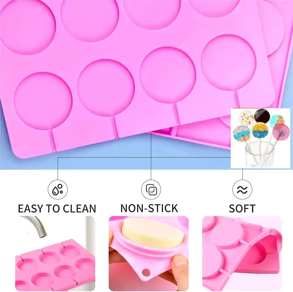 Youngs Silicone with Chocolate Hard Candy shape for soap/candle/food  Mold  hot selling 8 Cavity Round Silicone Lollipop Molds