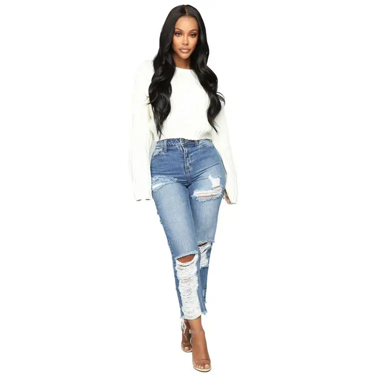 
1019M440 new all-match distressed ripped straight High Waist Pants Jeans Women 