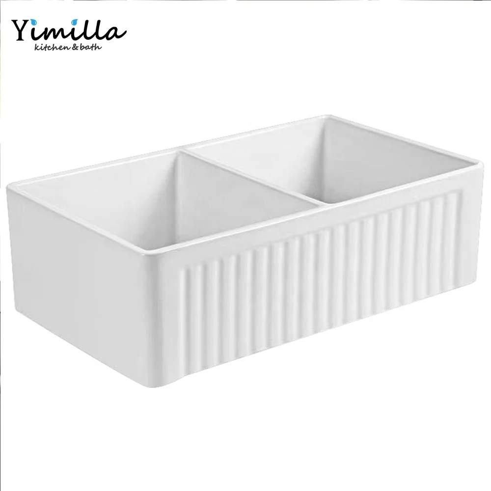 American kitchen apron semi-embedded ceramic sink modern double blow 33' inches CUPC farmhouse ceramic kitchen sink with tray