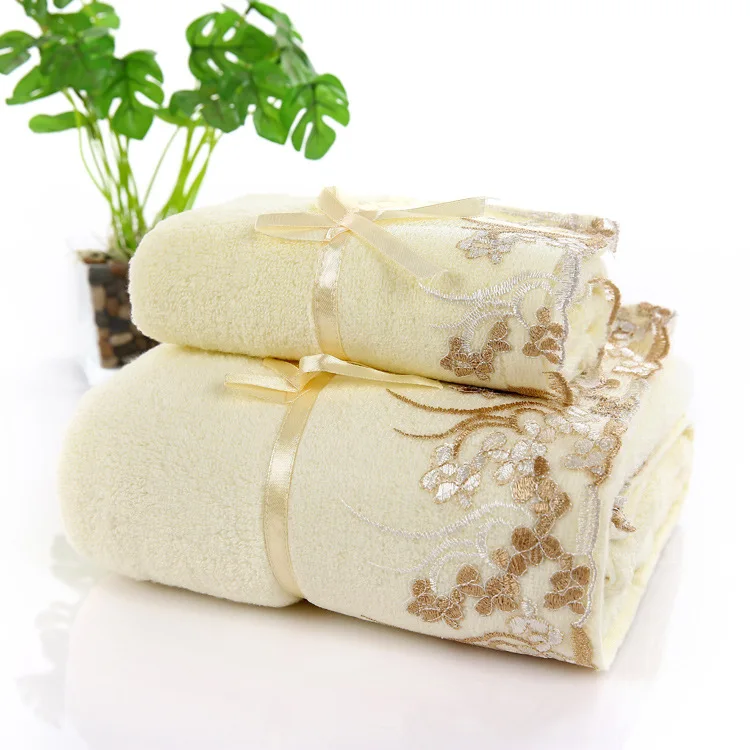 China Factory Wholesale 100% Cotton Luxury Jacquard Embroidery Border Bath Towel With Lace for