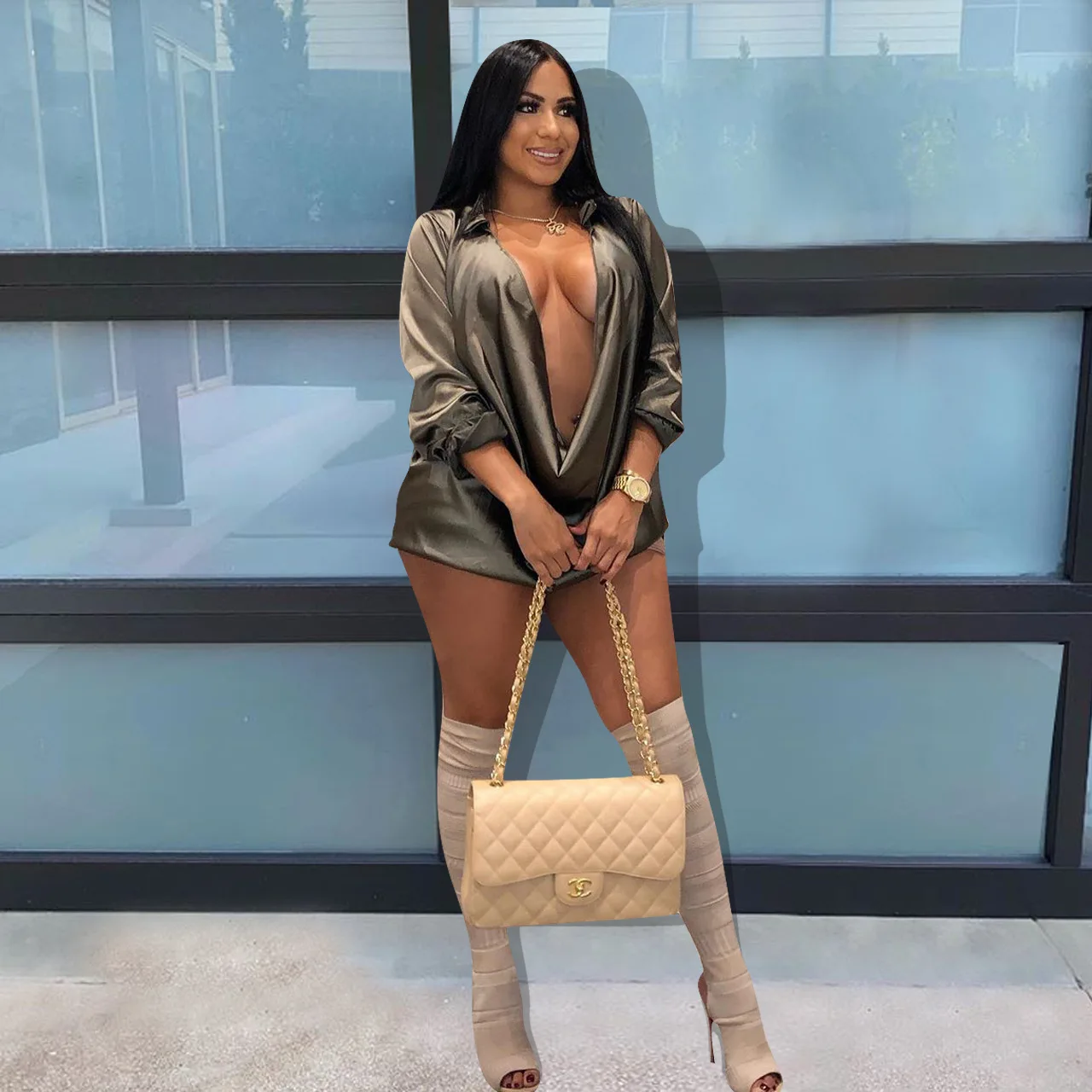 Fashion Sexy V-neck Polo Collar Tops and Silk Dress for Women Casual Dresses Mini Club Dress Sheath Plain Dyed Simple Spring