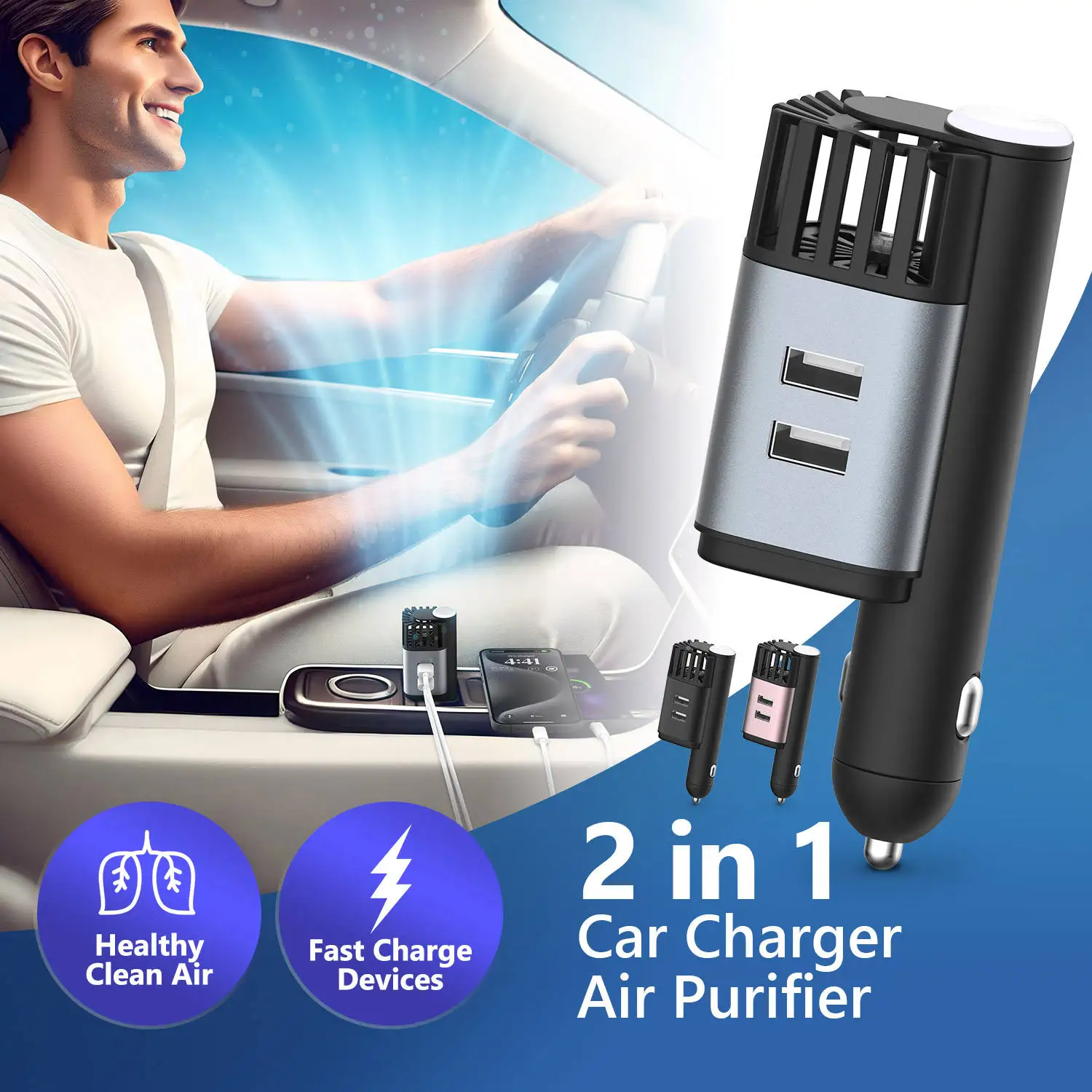 Автомобильный мини-воздухоочиститель 12 В 24 2 в 1 с двумя USB-портами