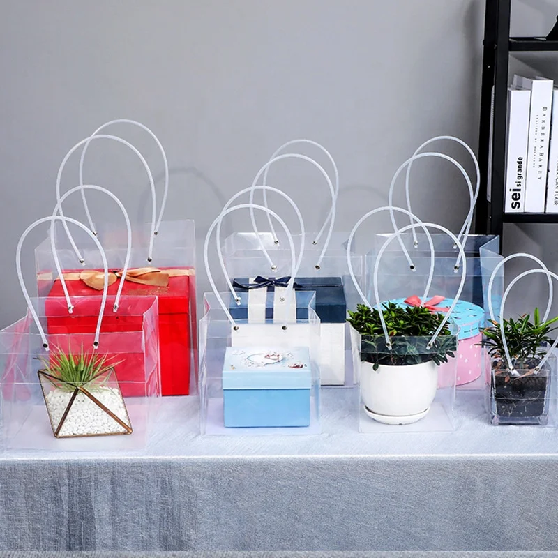 customized logo Transparent trapezoid PP bag Plastic clear flower packing Bag with long handle