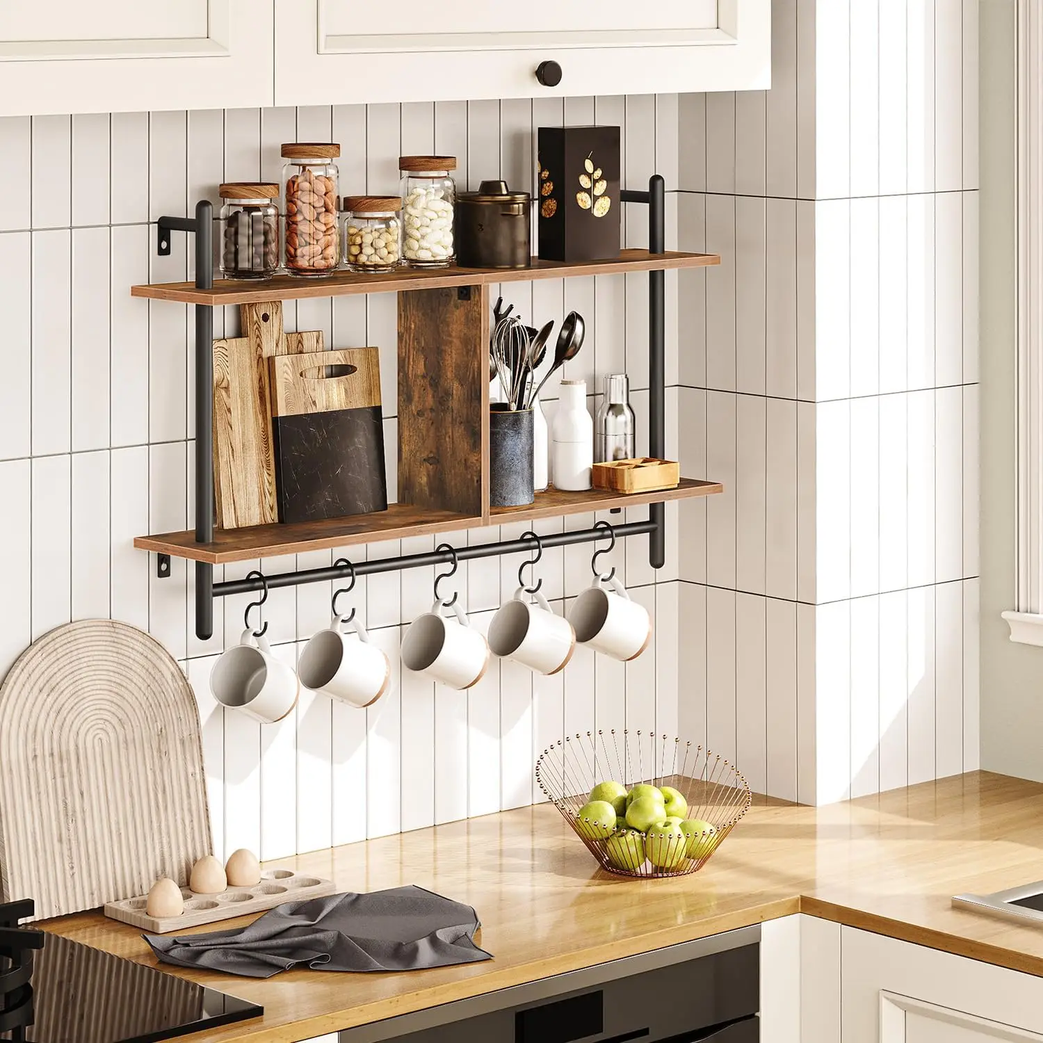 Zhongou Customized Floating Shelves Wooden 2-Tier Storage Wall Shelf Storage Rack with Hanging Rod for Living Room