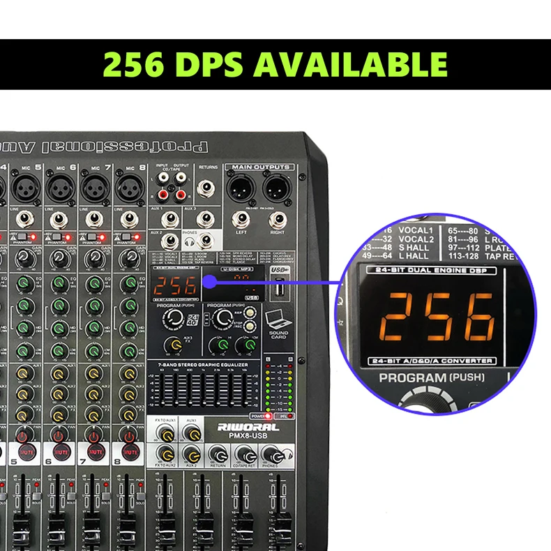 PMX8 professional Double DSP effector 8 Channels Audio mixer +48v Phantom Power Usb Reverb Mixing Console for stage