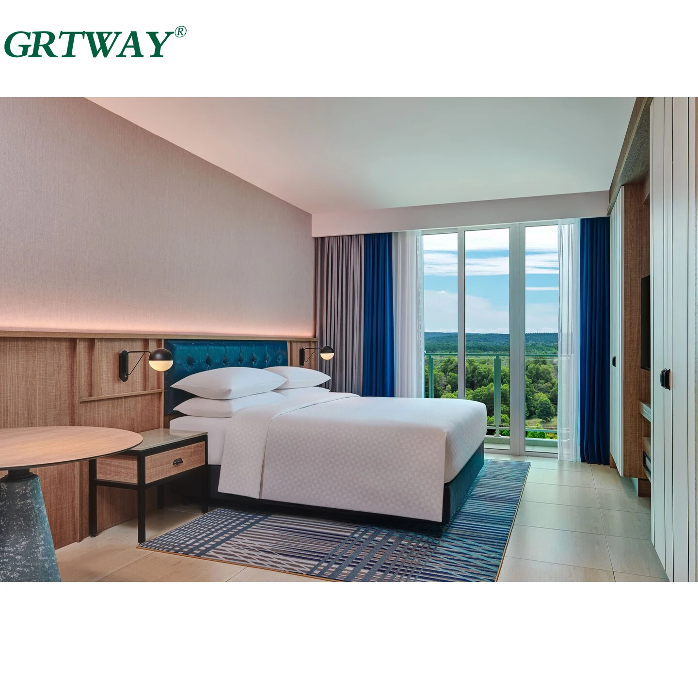 GRT2151 Hotel Furniture Manufacturer for Sale Modern Upholstered Beds Wood Metal Hotel Bedroom Sets