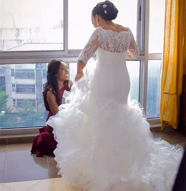 Plus Size African Mermaid Wedding Dresses Women 2022 Half sleeve Tiered Cascading Ruffles Mermaid Dress Bridal Gowns