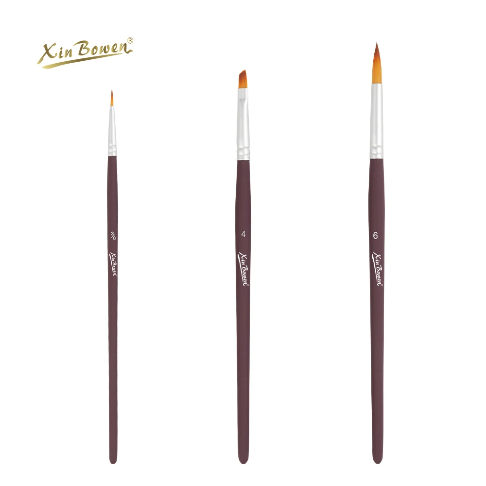 Xin Bowen Professional 3-Piece Matte Paint Rod Nylon Hair Brush Set with Wood Handle for Painting