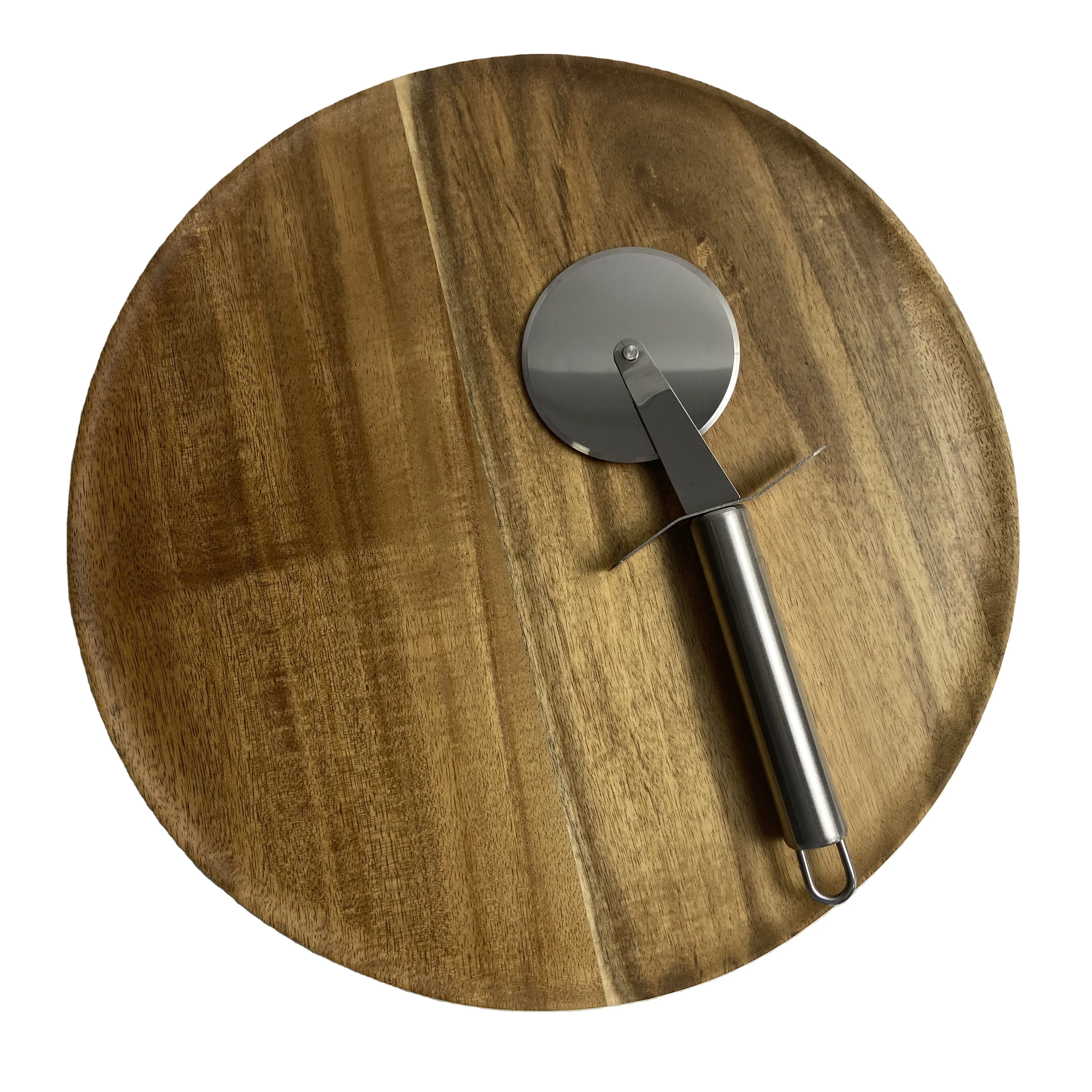 Diyue DIYD201367 Custom Logo Wood Charger Plate Apetizer Platter Charcuterie Board Acacia Wood Round Pizza Plate Cutter Sets