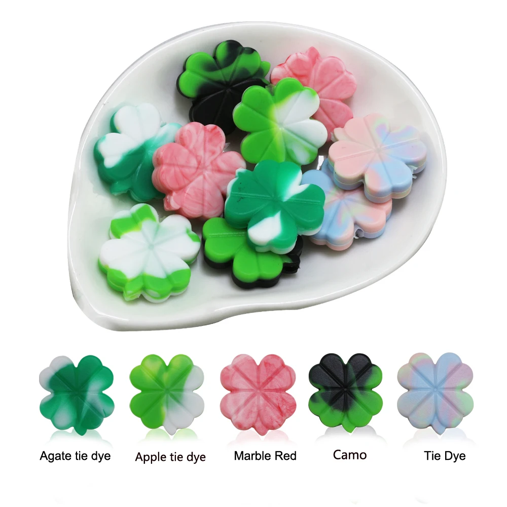 Customized  Candy Colors Colorful Camo Tie Dye Four Leaves Lucky Clover Shamrock Silicon Bead Wristlet Silicone Beads Wholesale