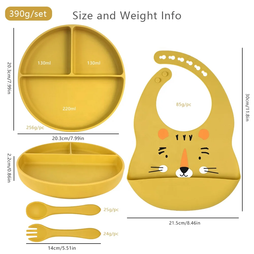 BPA Free  Non-toxic Children Tableware Feeding Set Round Plate Waterproof Bib Microwave Dishwasher Safe Set
