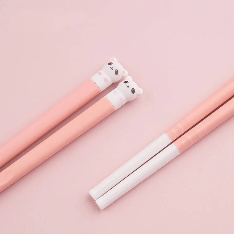 Cute animal bear panda design pink blue plastic pps silicone kids children chopsticks for baby boys