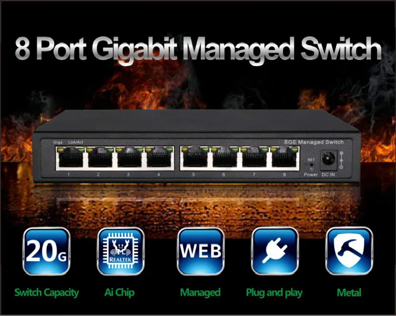 5w low power consumption 8ch managed switch 8 port gigabit vlan switch