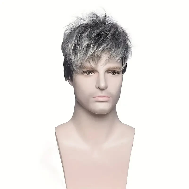Top Quality Natural Realistic Lace Men Wig Gray Gradient Color Men Short Curly Synthetic Wig For Men