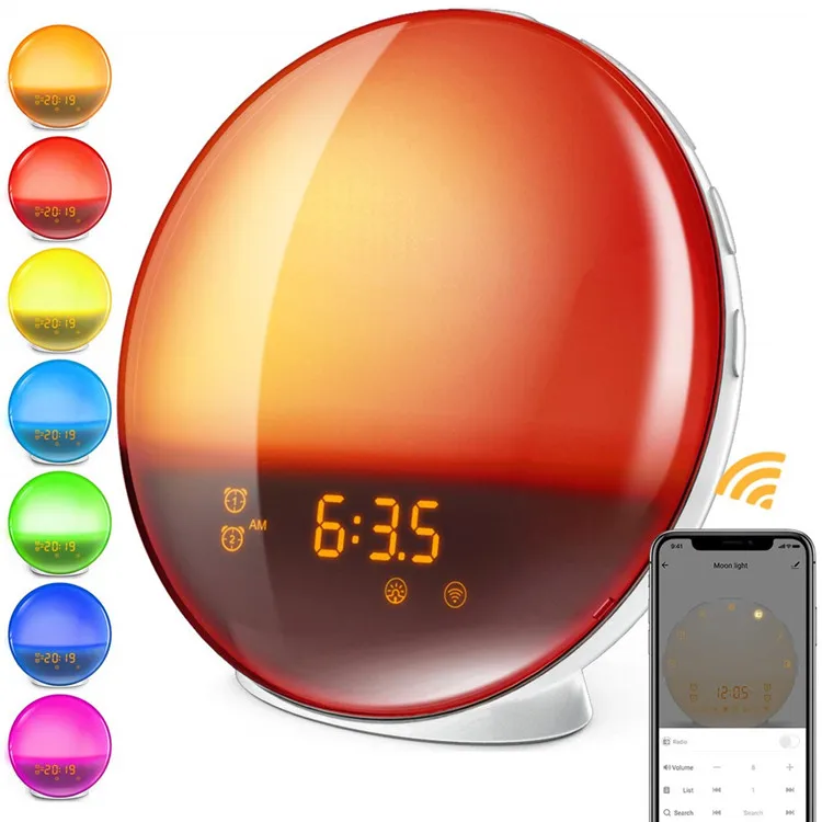 Smart life APP Control bedroom led sunrise bedside wake up light colored sunrise simulation alarm clock with radio