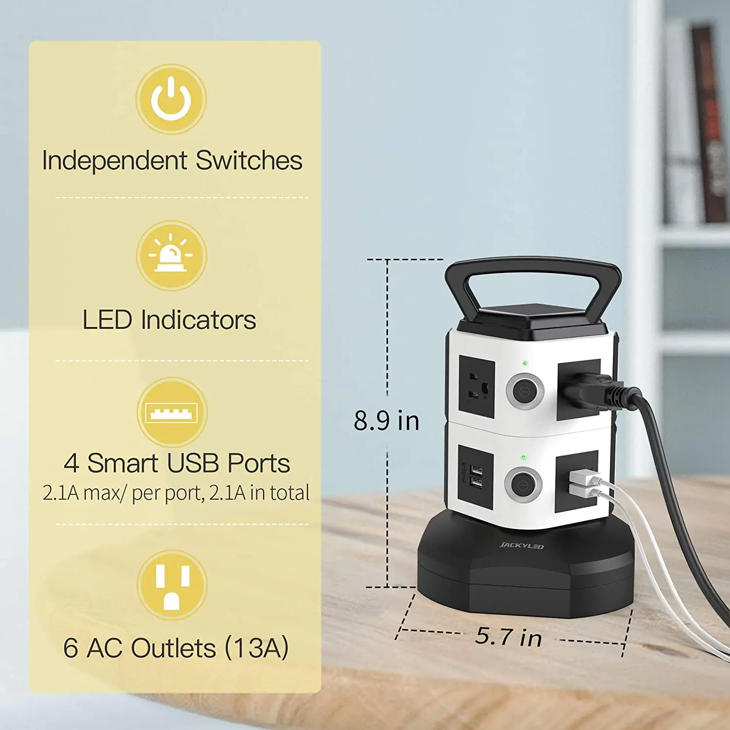 10 ft Power Strip Tower Surge Protector Electric Charging Station 6 AC 4 USB Ports Heavy Duty Extension Cord