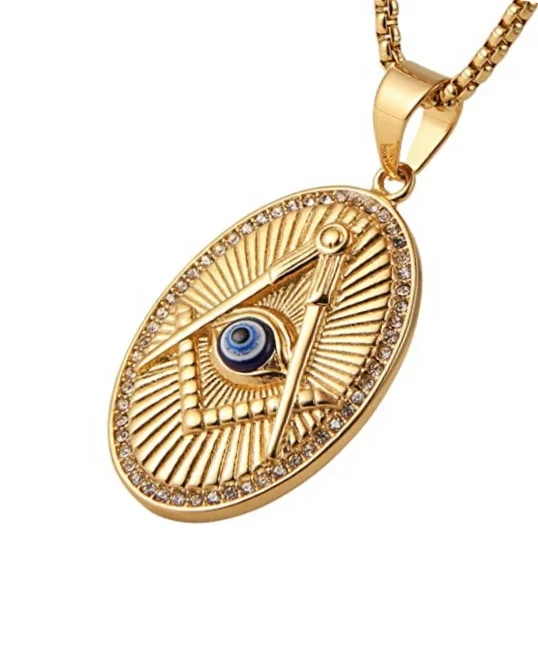 Men Stainless Steel 18K Gold Plated Crystal Masonic Eye Oval Shaped Free Mason Signet Pendant Necklace Jewelry