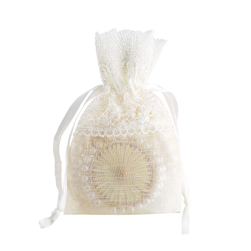 Drawstring Small Gift Bags Slub Yarn White Lace Wedding Favour Packs for Party Jewelry Candy Soap Storage 10*14cm 12pcs/lot