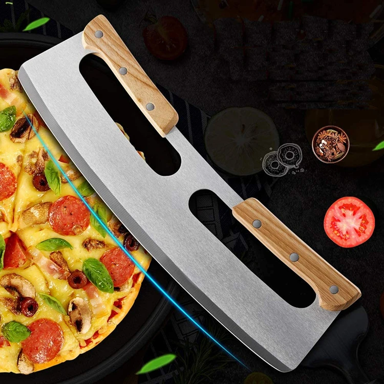 14inch Stainless Steel Sharp Pizza Slicer Knife Tool Pizza Cutter Wooden Arc Shape Double Wooden Handle Pizza Cutter Rocker