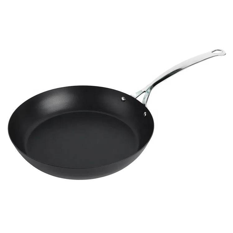 Customizable 20-30cm Carbon Steel Frying Pan Nitrided Preseason Cooking With Aluminum Alloy Hand Riveting For Restaurant