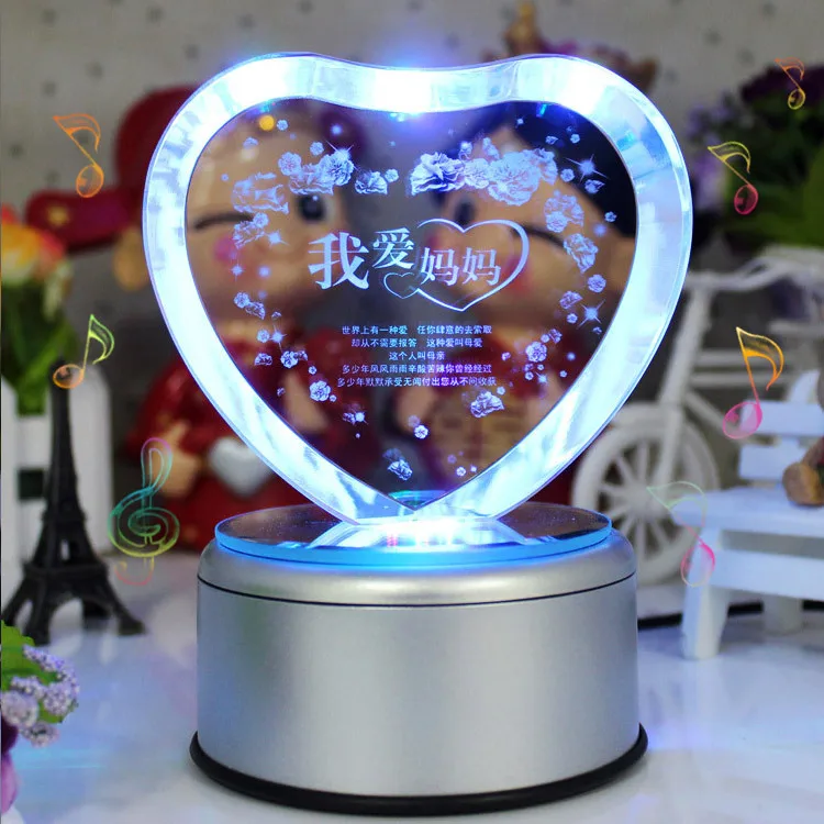 Honor of crystal Custom Design Birthday Souvenir Gift Rotating Light Base Led Crystal Cube 3d Laser Engraved Crystal Glass Cube