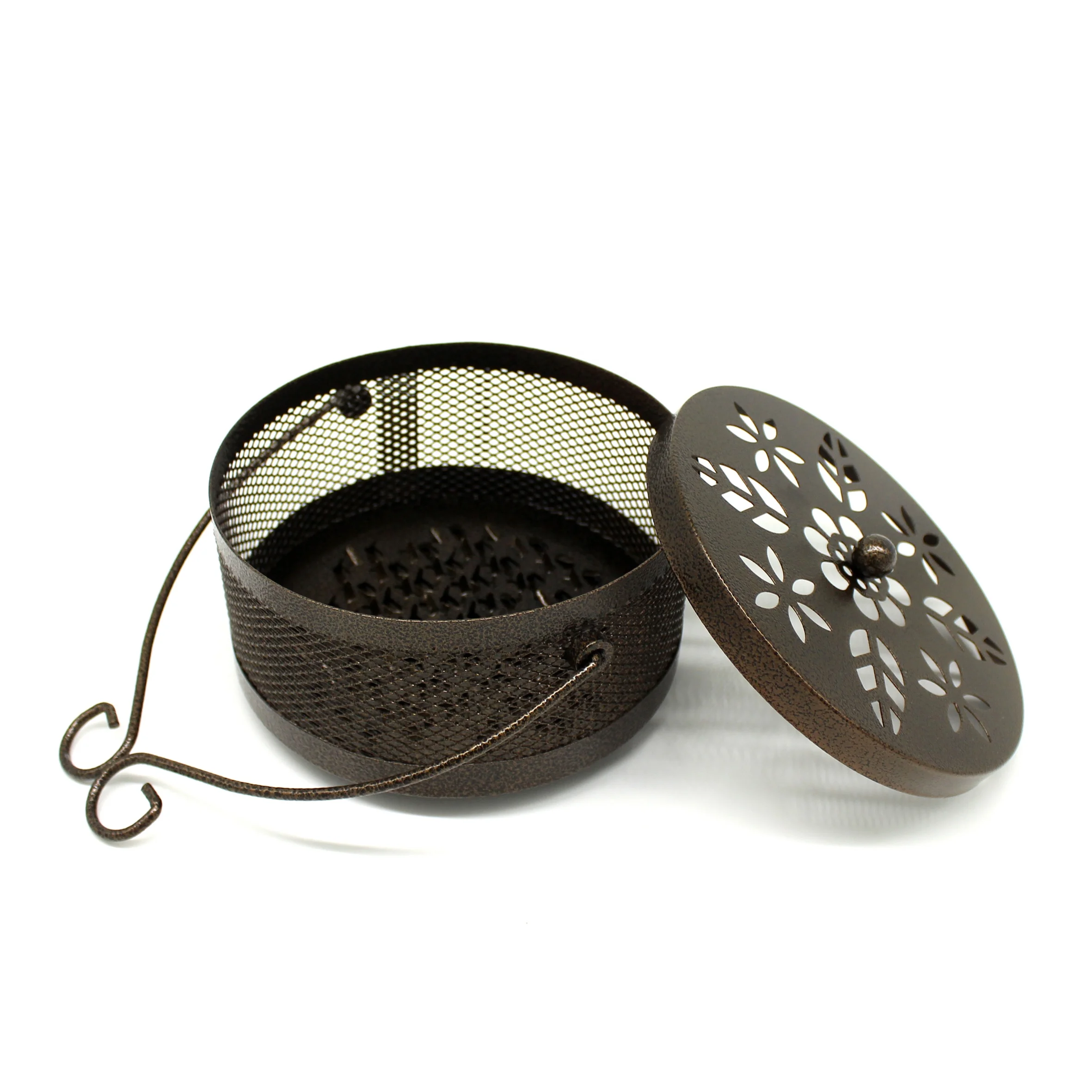 Retro Portable Mosquito Coil Holder Metal Fireproof Incense Burner with Lid and Handle, Bronze