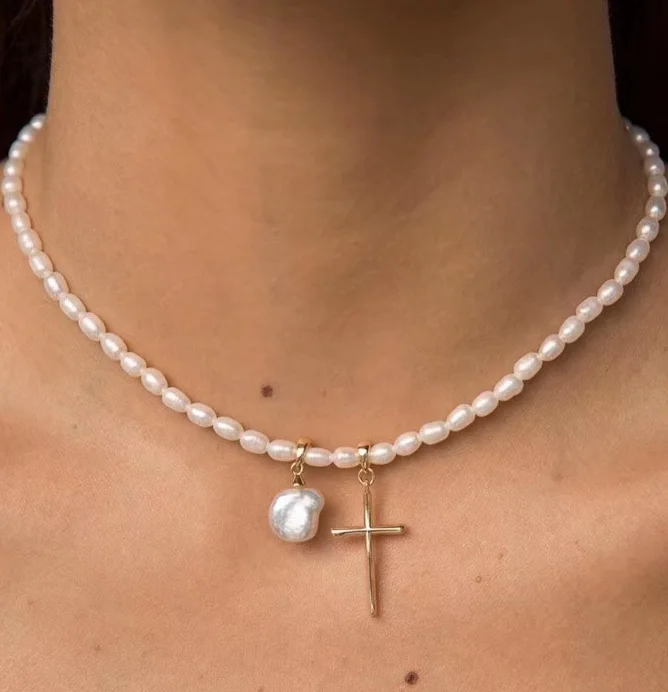 New Designs Real Pearl Jewelry Custom Silver 18k Gold Plated Cross Pendant Choker Natural Freshwater Pearl Pendant Necklace