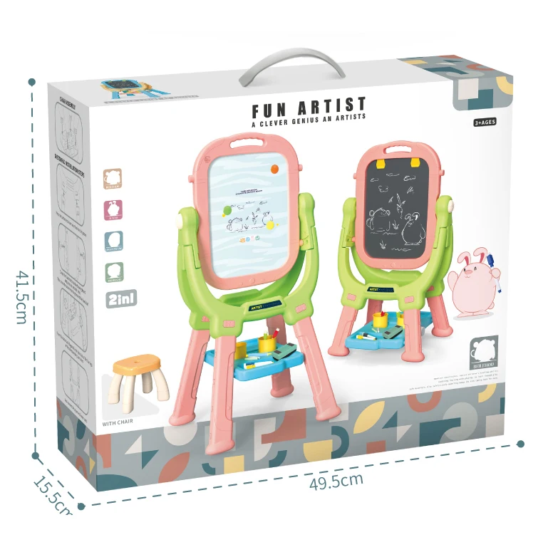 New design toddlers 2 in 1 standing double sided painting kit height adjustable art easel for kids plastic with chair