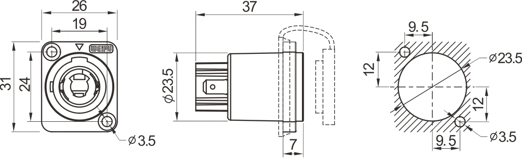 
Weipu WAC3 IP65 Nylon66 bayonet LED cable receptacle Socket Connector 