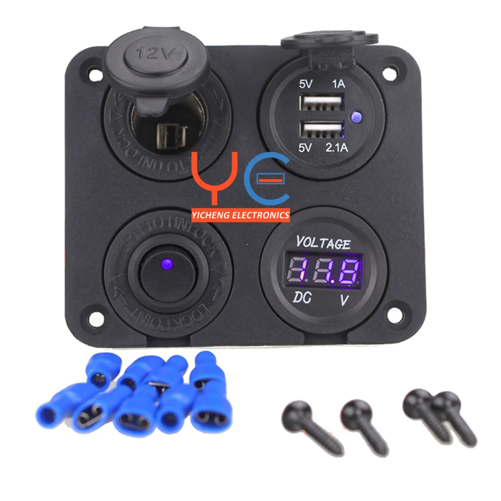 Marine Boat 4 Holes Panel USB Charger Socket  LED Voltmeter  Cigarette Lighter Socket ON OFF Rocker Toggle Switch