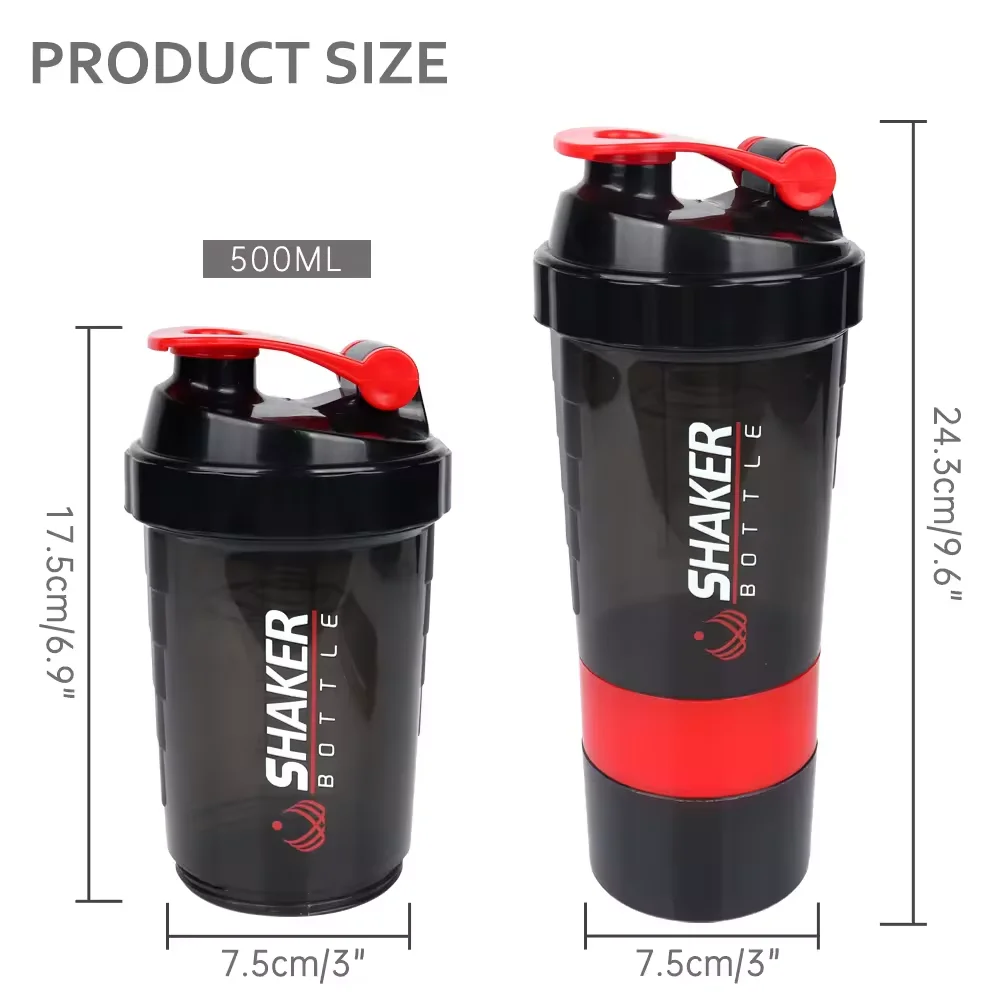 B30-0062 BPA Free Customized Logo 500ml GYM Protein Shaker Bottles with Metal Mixer Sport Water Shaker 3in1 Protein Shakers
