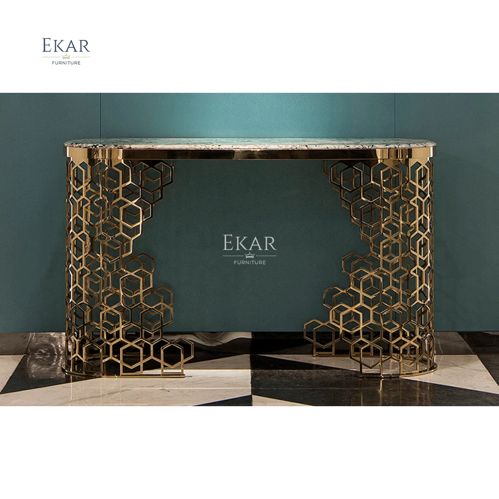 Sassuolo postmodern console table Hollow-carved Designed Hallway Console Table with Marble Top Roman Style Golden Entry Table