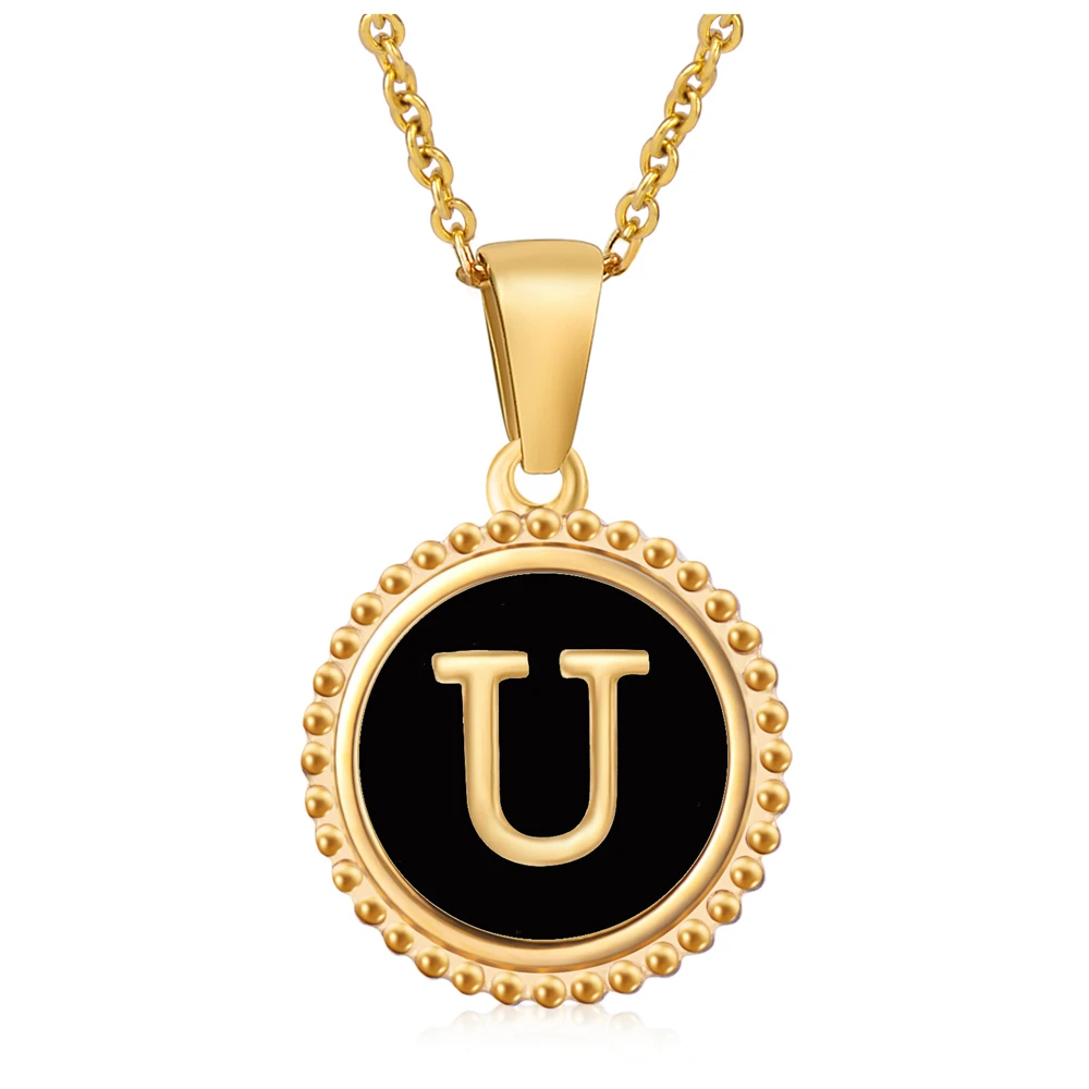 Fashion Stainless Steel Acciaio inox Round Natural Shell Coin Women 18K Gold Plated Letter U Initial Necklace
