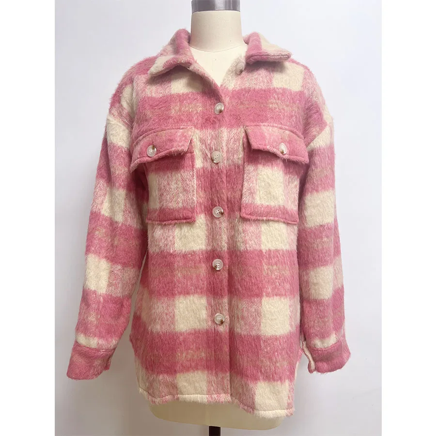 New Arrival Wholesale Warm Long Sleeve Plaid Coat Wool Fur Jacket Woman Flannel Shacket Coat