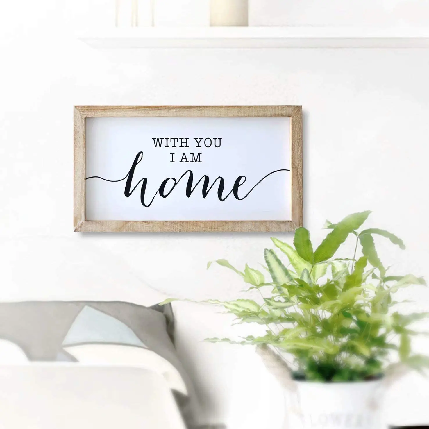 Rustic Wood Framed Home Signs 9 X 16 inch Hanging Farmhouse Wall Art Decor Home, Kitchen, Bathroom - with You I Am Home