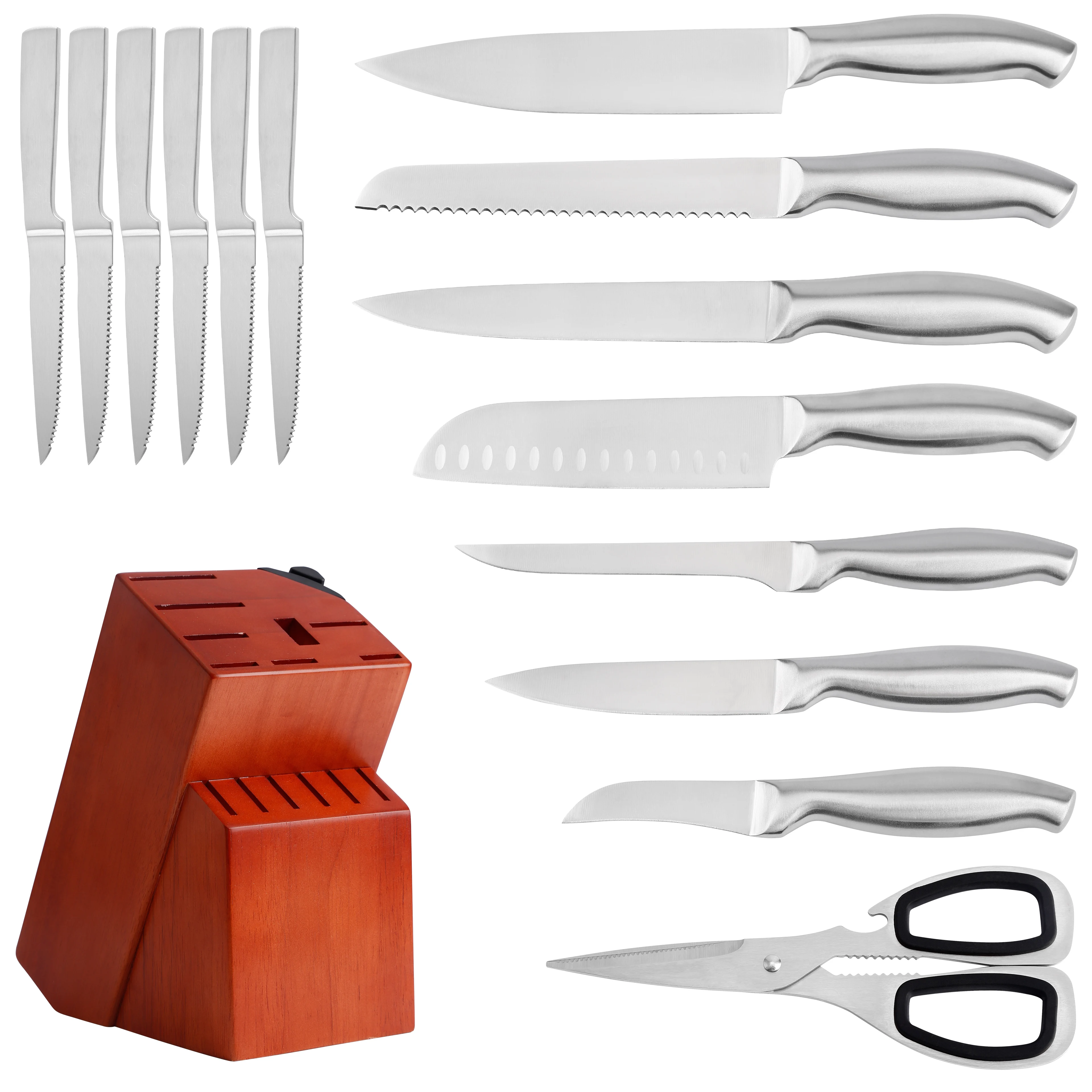 Шеф-повара из нержавеющей стали супер острое лезвие 15 шт. стейк ножницы с пустотелой ручкой, кухонный нож набор с деревянным блоком