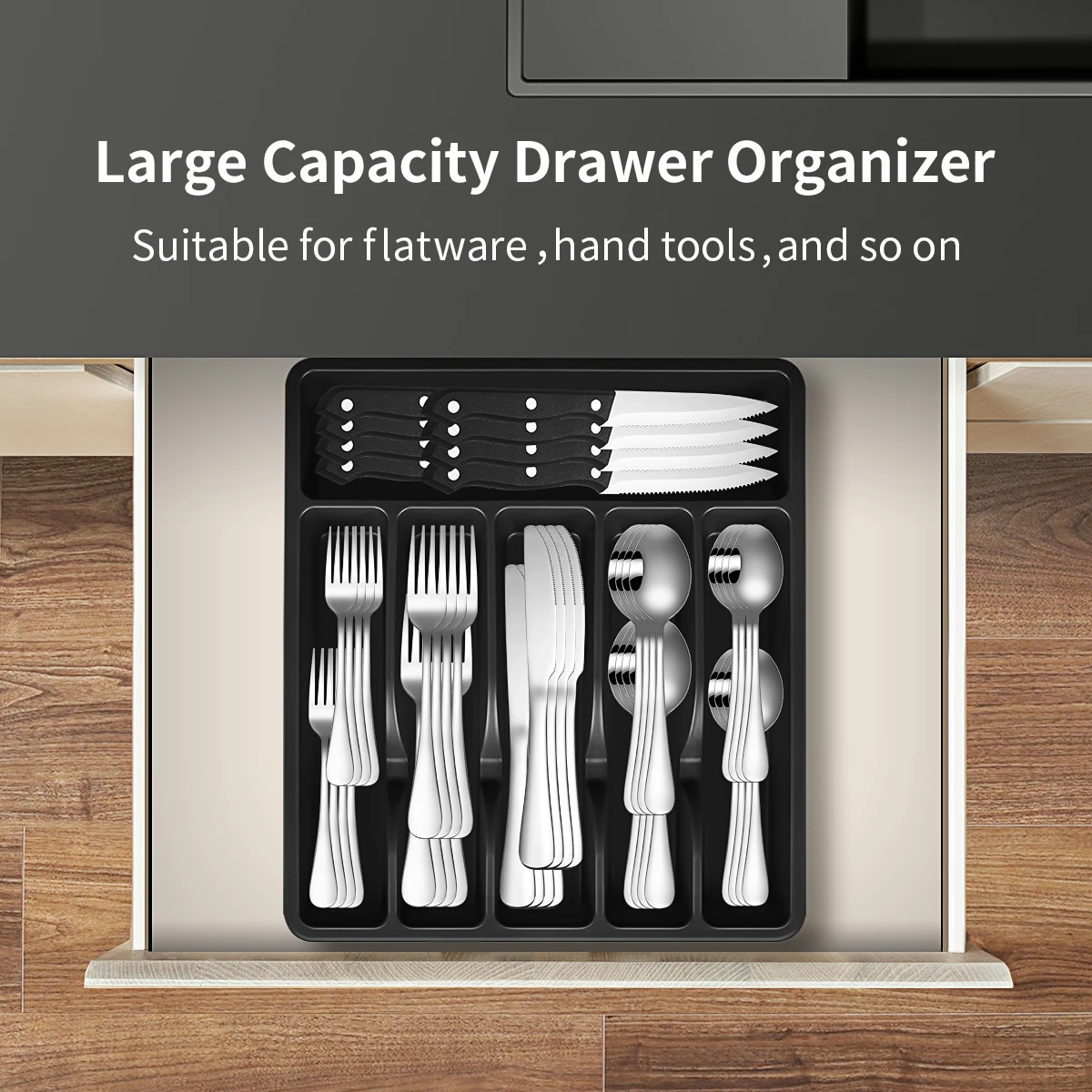 Wholesale Stainless Steel Silverware Mirror Silver Spoon Fork Knife 48 Piece Flatware Set With Black Cutlery Tray