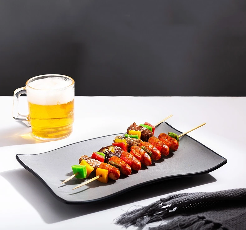 Custom Logo Rectangular Dinner Dishes Plates Barbecue Sushi Long Melamine Solid Black Grey Dinner Plates