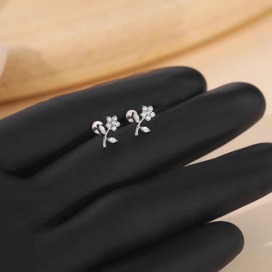 Lingchee Titanium Piercing Stud Earrings for Women Flower 16G CZ Tragus Cartilage Helix Conch Ear Stud Body Jewelry