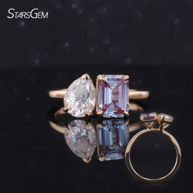 Ювелирные изделия Starsgem на заказ Toi Et Moi кольцо 14K из настоящего золота Выращенный в лаборатории Александрит с кольцом муассанита