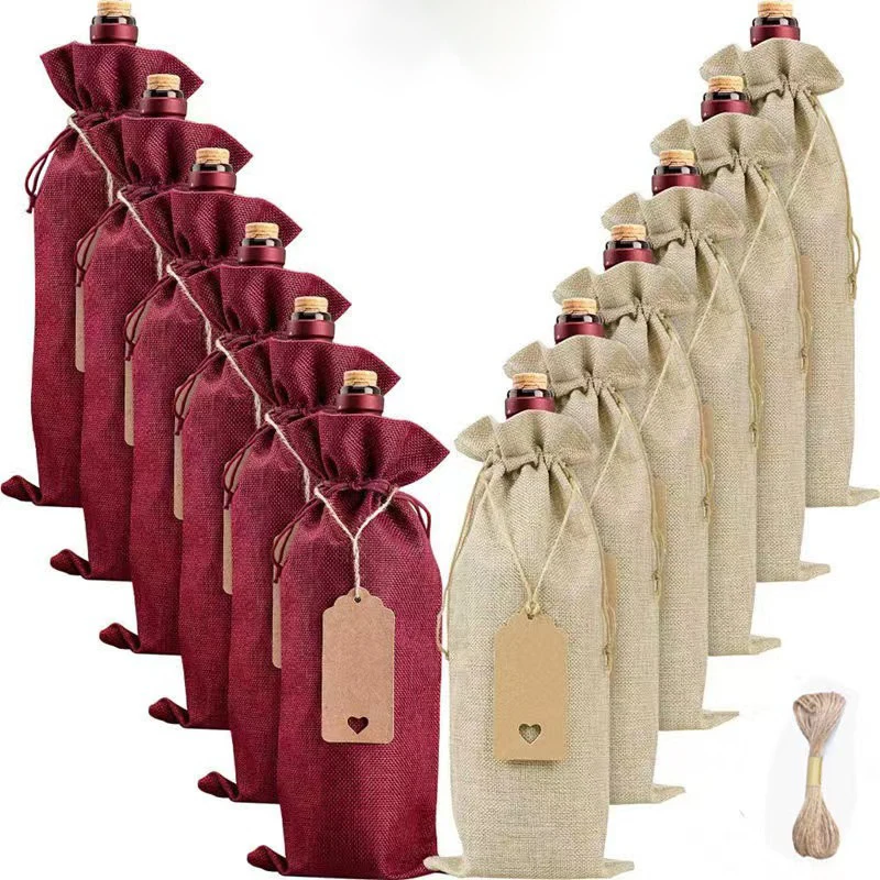 Wholesale Eco Friendly Jute Drawstring Bag Custom Recycle Burlap Wine Bottle Bag Reusable Jute Wine Bag with Drawstrings