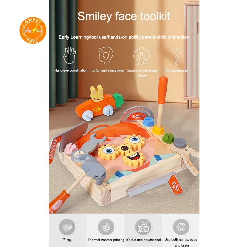 Wooden Nut Disassembly Screw Assembly Pretend Play Educational Repair Carpenter Tool Smiley Face toolkit Montessori toys