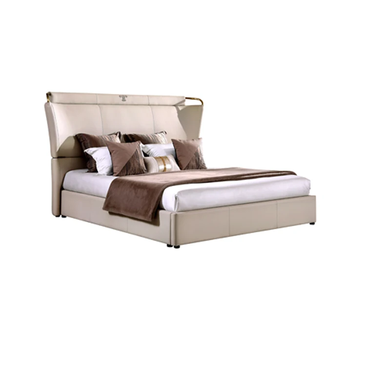 Shenzhen Furniture wooden fan-shaped backrest king size bed leather double bed design furniture